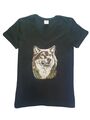 T-Shirt Wolf Head V-Ausschnitt grüne Augen Tier schwarz T-Shirt Baumwolle Top