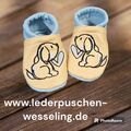 Baby Krabbelschuhe, Lauflernschuhe, Lederpuschen Hund bestickt personalisiert