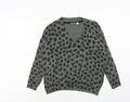 Neuwertig Samt Damen grau V-Ausschnitt Tiermotiv Baumwolle Pullover Größe XS - Leo