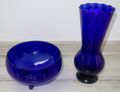 2-tlg. Schale 3 Füße und Vase Glas Kobaltblau