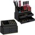 2 x Make Up Organizer klein, 2-tlg Schminkaufbewahrung mit Schubladen, stapelbares Kosmetikregal, Acryl, schwarz/gold