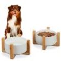 Hundenapf 2er Set, 1 l, für Futter & Wasser, Futternapf mit Bambus-Gestell, hbt: 10,5 x 20 x 20 cm, weiß/natur - Relaxdays
