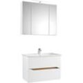 Badmöbel-Set SAPHIR "Quickset 2-teilig, Keramikwaschtisch mit LED-Spiegelschrank" Kastenmöbel-Sets weiß (weiß glanz) Bad-Sparsets 80 cm breit, 2 Schubladen, 3 Spiegeltüren, 6 Einlegeböden