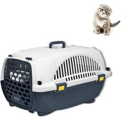 Transportbox Katze Hund Tragbarer Hundebox aus Kunststoff 61x37x37cm Tiertransportbox mit Urinabstandshalter & Futternapf Käfige für Haustiere, Grau