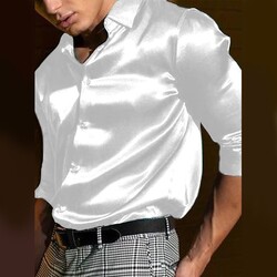 Herren Satin Seidenhemd langarm Casual Button Down Hemd für Hochzeit und Party