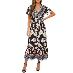 Women's V Neck Short Sleeve Dress with Floral Print for Beach and More