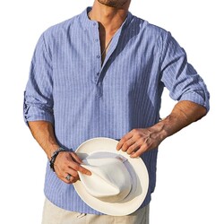 Comfy Hot Shirt lose männliche übergroße Retro Ständer Kragen gestreifte Shirts