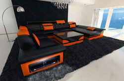 Sofa Wohnlandschaft Couch Leder LED Couch USB Designersofa Schwarz Rot Enzo XXL