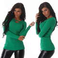 Damen Pullover Langarmshirt Stretch dünn Goldkette V-Ausschnitt sexy Slim 36