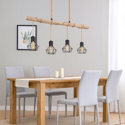 Hängeleuchte Pendelleuchte Esszimmerlampe 4xLED Gitter schwarz Holzbalken natur