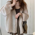 Lockerer Damen-Strickcardigan Pullover weiche Oberbekleidung Mantel Oberteil Puffärmel lässig