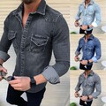 Männer Freizeit Hemd Jeans Langarm Oberteile Mit Brusttasche Druckknöpfe
