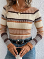 Gestreifter Strickpullover mit Rundhalsausschnitt, elegant, langärmlig, Kaffee