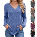 Damen Langarm T-Shirt V-Neck Bluse Freizeit Longsleeve Pullover Sweatshirt Tops