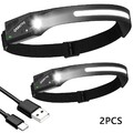 2PCS Stirnlampe COB+LED Kopflampe USB Wiederaufladbar Bewegungssensor 5-Modi