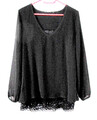 Zero schwarz Tunika long Bluse  Kleid Chiffon doppellagig  Spitze Langarm S  TOP