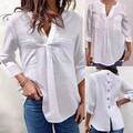Damen V-Ausschnitt Bluse Rollärmel Langarmshirt Basic Shirt Top mit Knopfdetails