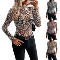 Sexy Damen Leopard Langarm T-Shirt Tunika Slim Transparent Oberteile Party Tops