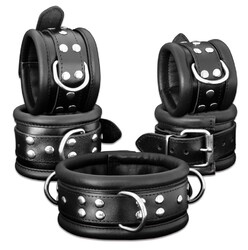 BDSM HQ Bondage Set Leder Fesselset Hals Handfesseln Fußfesseln Fesseln schwarz