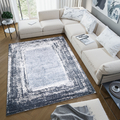 Bedruckter Teppich Grau Blau Wohnzimmer Waschbar Rutschfest Modern Rahmen