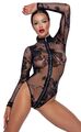 Body Schwarz Elegant Sexy Transparent Lange Ärmel mit Reißverschluss Druck Samt