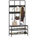 3-in-1 Garderobenständer, Kleiderhaken, Sitzbank, Schuhregal, Metall, Spanplatte