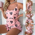 Frauen Mode Liebe Druck Sexy Lingerie 2er Set Schlafanzug Top Shorts Pyjama