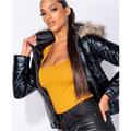 Glänzende Damen Steppjacke mit Kapuze & Kunstfell Schwarz #J996