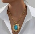 Zara 18K vergoldet Halskette Kette mit einem großen antiken Türkis Anhänger Sale