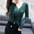 Damen Glänzend Pailletten Sweatshirt V-Neck Plissiert T-Shirt Hemd Clubwear Fest