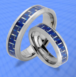 2 WOLFRAM TRAURINGE PARTNER RINGE mit CARBON EINLAGE Blau & GRATIS GRAVUR  JW7