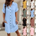 Damen Kurzarm lässig Sommerkleid Blusenkleid Hemdkleid Minikleid Strandkleid DE