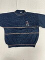 Vintage Strickpullover mit gesticktem Jäger- und Hundemotiv, Blau mit Streifen