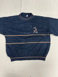 Vintage Strickpullover mit gesticktem Jäger- und Hundemotiv, Blau mit Streifen
