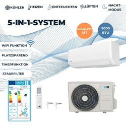 Split 5in1 Klimaanlage Heizfunktion Klimagerät Luftfilter Inverter 9000 BTU A++SPLIT✔️Inkl. Montagematerial✔️Fernbedienung✔️