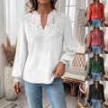 Damen V-Neck Spitze T-Shirt Langarmshirt Elegant Bluse Freizeit Hemd Oberteile