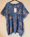 Made In Italy Tunika Top Blau Blumen Leinen mit Taschen One Size Plus UK 16-20