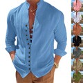 Herren Leinen Langarm Hemden Polyester Locker Freizeit Hemd Bluse Top Hemdshirt