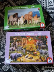 2 Schmidt Puzzles für Kinder, Pferdefamilie 200Teile + Tiere in Afrika 150Teile