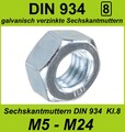 Sechskantmuttern DIN 934 Kl 8 verzinkt  M5-M6-M8-M10-M12-M14-M16-M18.M20-M22-M24