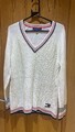 Tommy Hilfiger Pullover Zopfmuster V-Ausschnitt weiß L Flagge Logo Preppy Retro Style