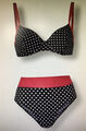 Retro Bikini high waist, Softcups mit Bügeln, Größe 40 B, schwarz-rot bedruckt