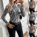 Damen Sexy Leopard Langarm Shirt Bodycon Oberteile Durchsichtig Tunika Partyhemd