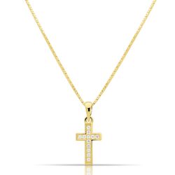 Goldkette mit Kreuzanhänger 585er Gold Zirkonia Stein Weiß 14 Karat Venezianer