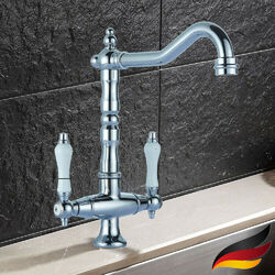 Retro Wasserhahn Badezimmer Waschtisch Armatur Zweigriff Nostalgie Messing Antik