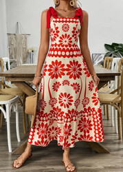 Sommer Damenkleid mit Blumendruck, lang, Urlaubskleid, grün, rot, A-Linie