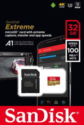 Sandisk Micro SDHC Karte 32GB Extreme UHS-I U3 4K 100 MB/s V30 A1 Class 10