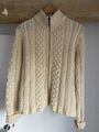 Inis Crafts Damen Strickpullover creme 100 % Merinowolle Aran mit durchgehendem Reißverschluss Größe S