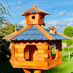 DARLUX Vogel Futter Haus XXL Futterstelle Sechseck Holz Vogelhaus Braun/ Blau
