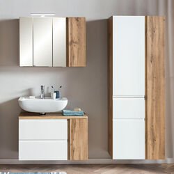 Badezimmer Badmöbel Set Eiche weiß Spiegelschrank Waschbeckenschrank Hochschrank